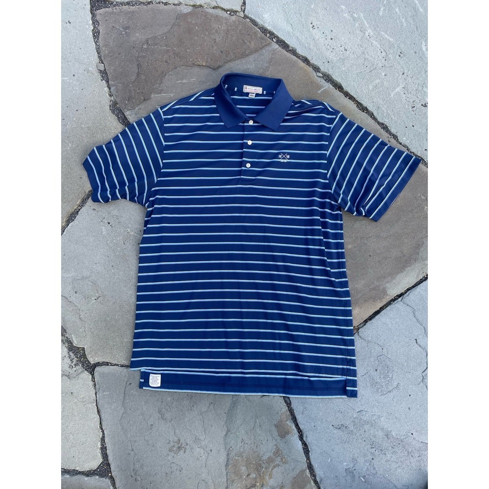 Peter Millar Men's Polo Shirt L Blue Stripe Summer Comfort Winged Foot Golf Club